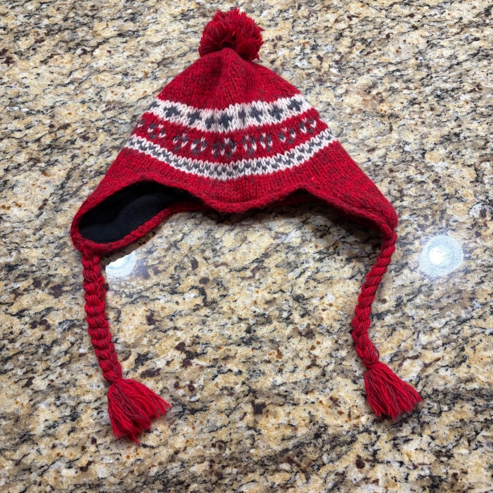 Woolrich Red Fair Isle Knit Trapper Hat Fleece Lined Beanie Tassels Pom Pom